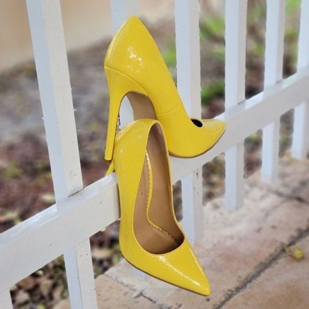 Women's Yellow Stiletto Pumps Pointed Toe Dress Heels - Picture 4 of 5